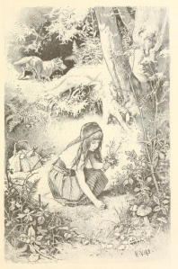red riding hood picking flowers